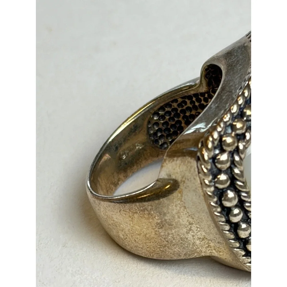 Vintage Mother of Pearl Ring 6 Silver 925 Sterling Statement Braided Border Wide